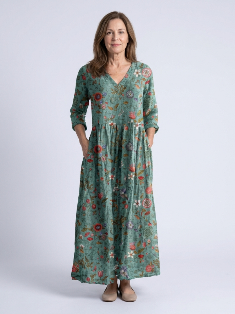 Marina | Abito Maxi a V con Maniche a Tre Quarti e Fantasia Floreale