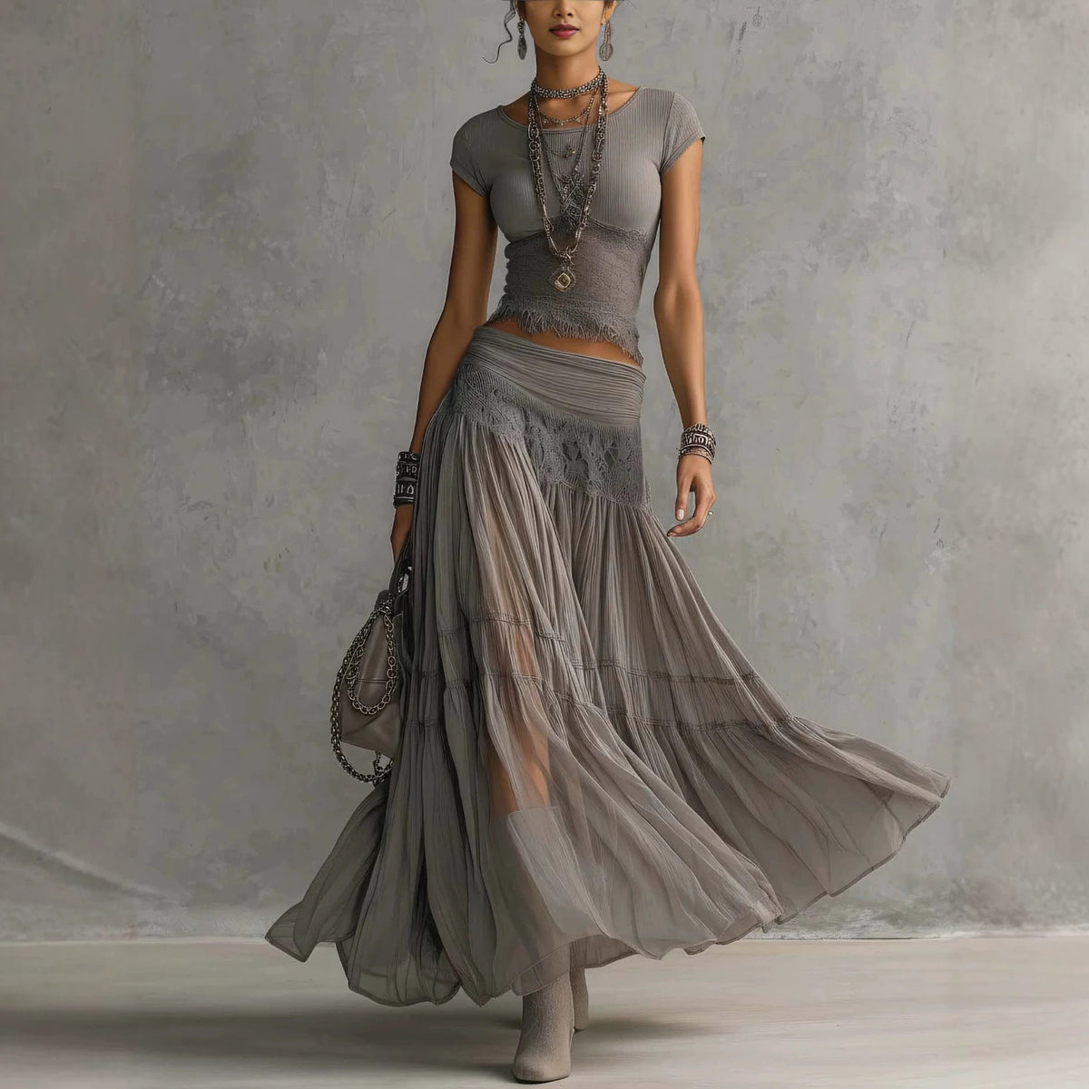 Olivia | Lace-Paneled Skirt Set for Women
