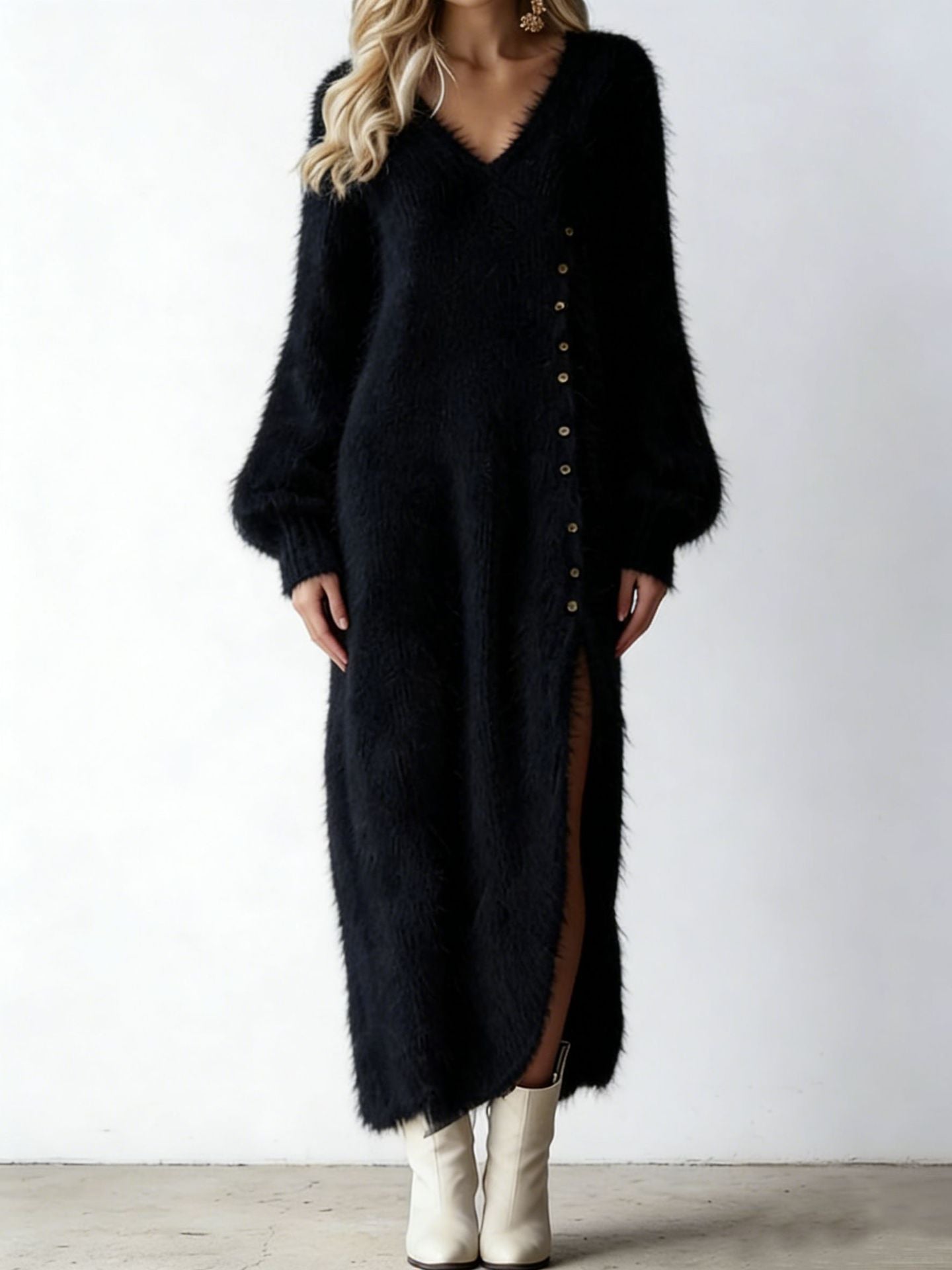 Isabelle | Women's Fuzzy Knit V-Neck Button-Slit Maxi Sweater Dress