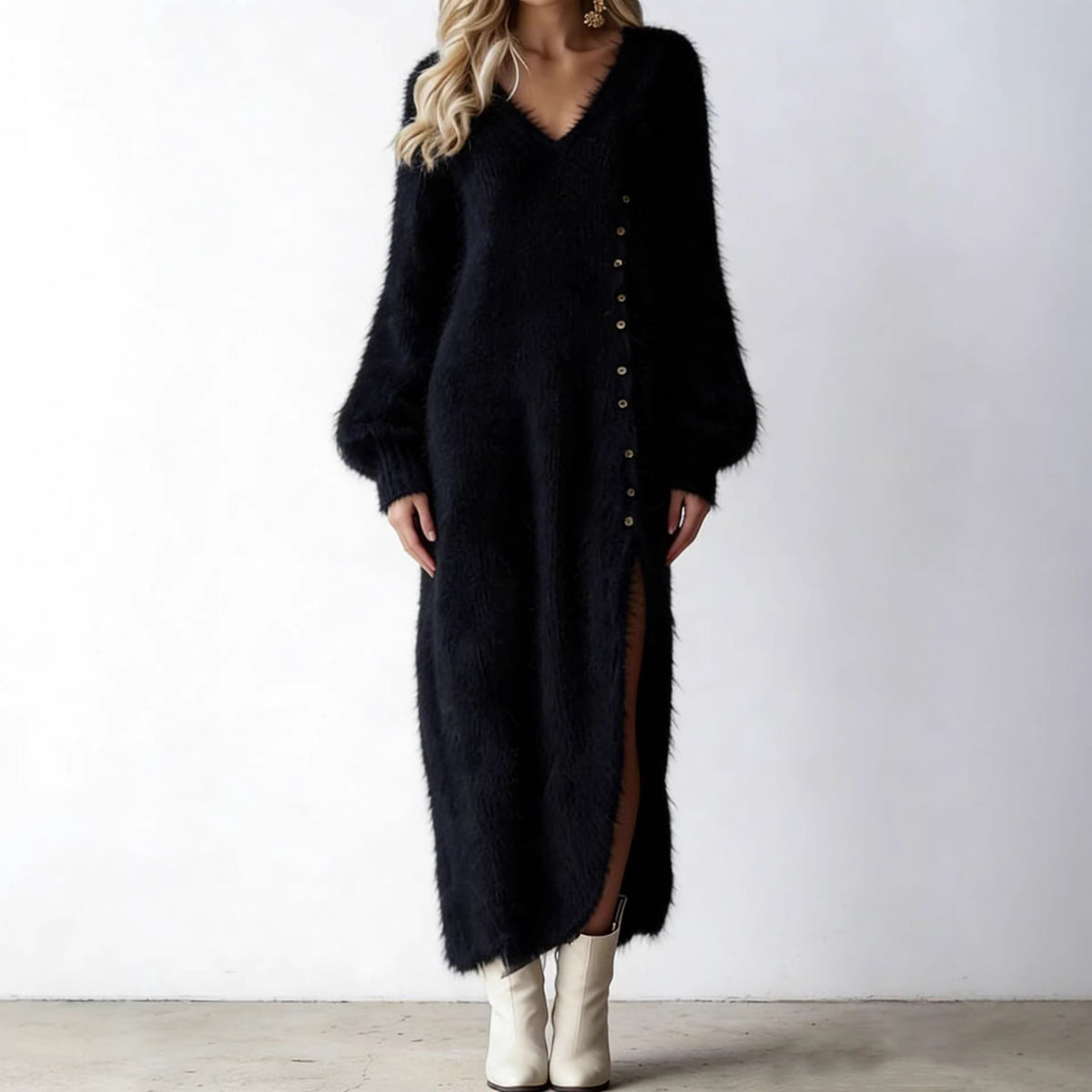 Isabelle | Women's Fuzzy Knit V-Neck Button-Slit Maxi Sweater Dress