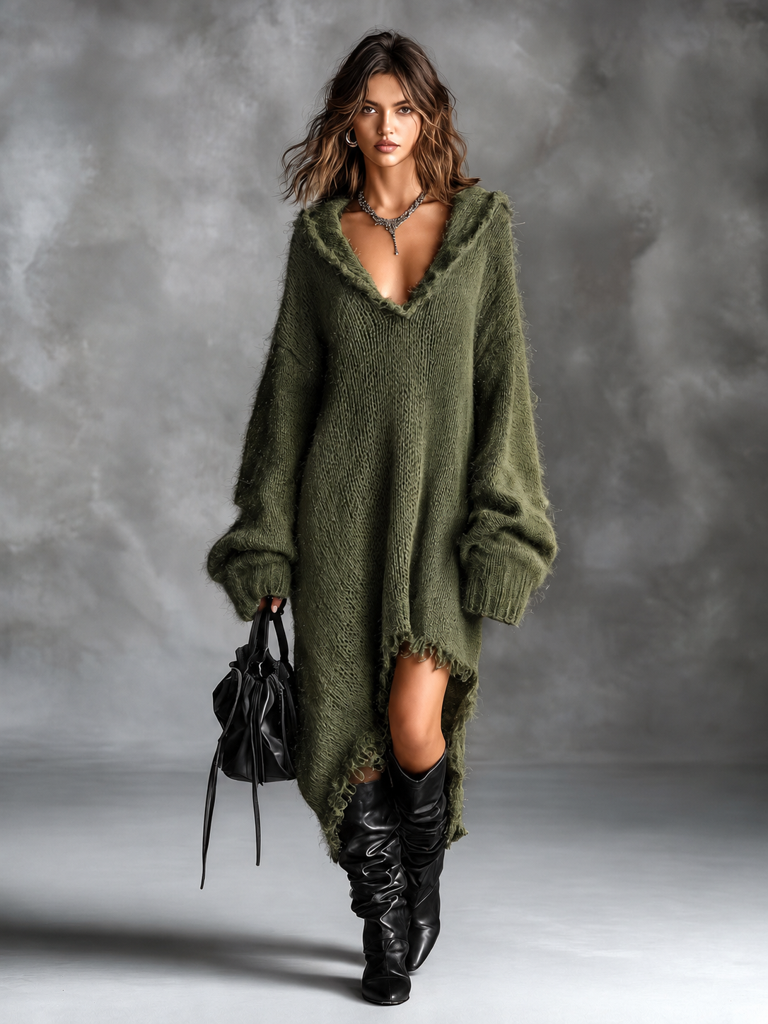 Ilona | Fuzzy Knit Hooded Oversized Dress