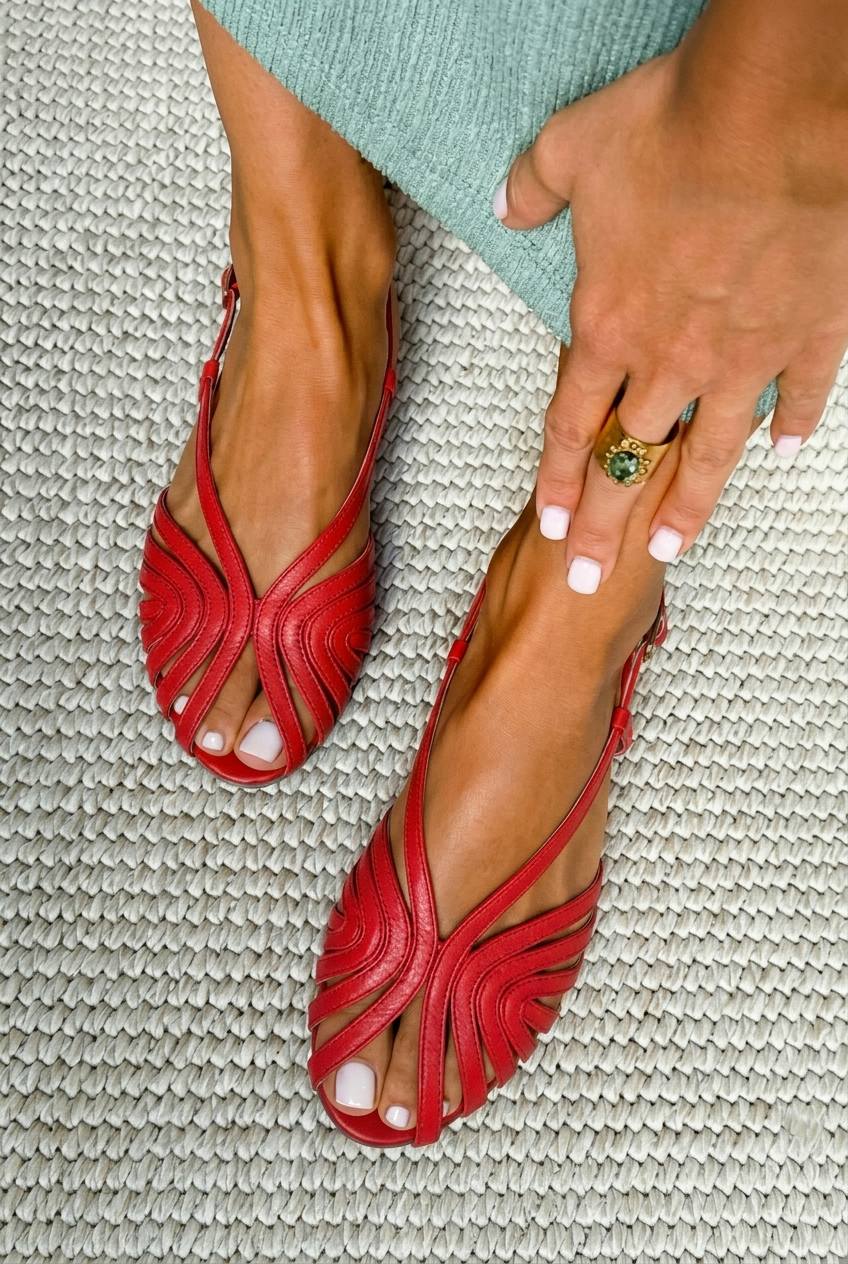 Sandali peep toe estivi bassi Rosso a gabbia in pelle con cinturini