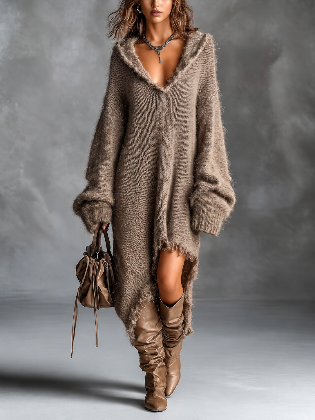 Ilona | Fuzzy Knit Hooded Oversized Dress
