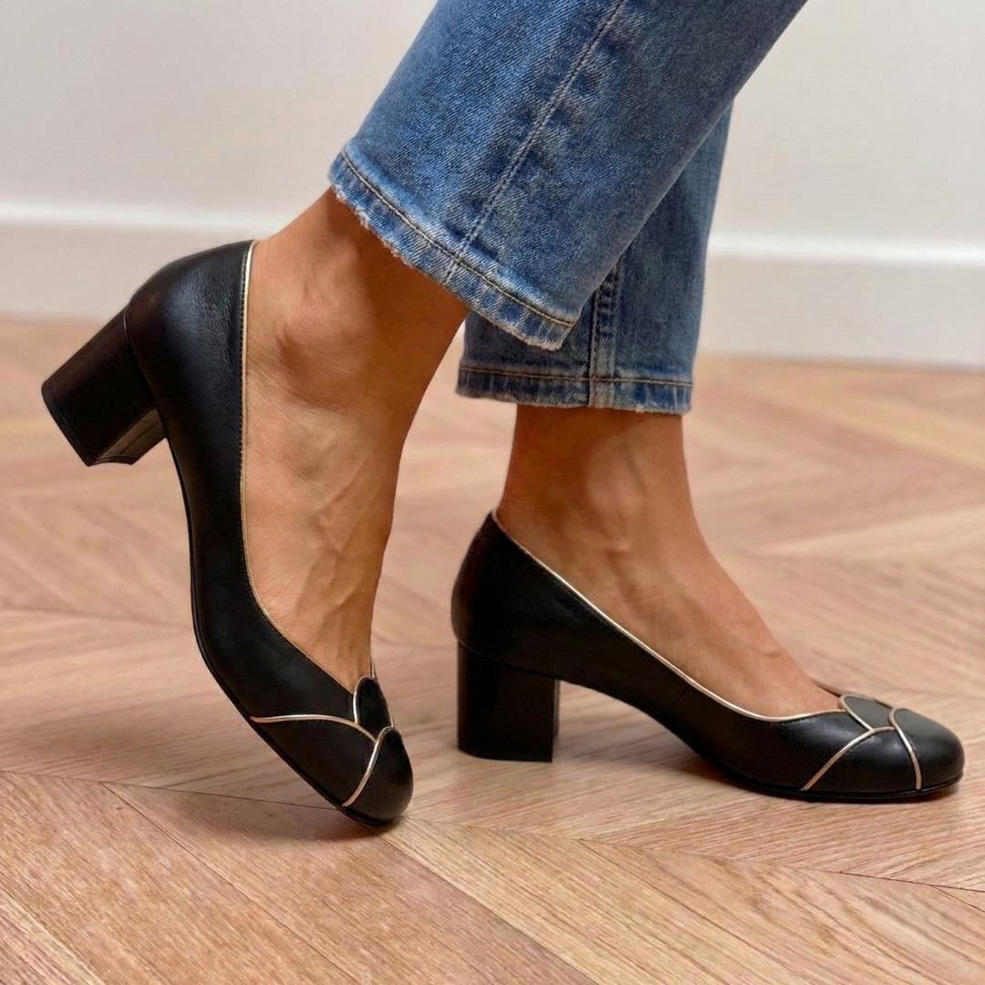Tacchi a blocco eleganti Nero e Oro a punta tonda con profili a contrasto