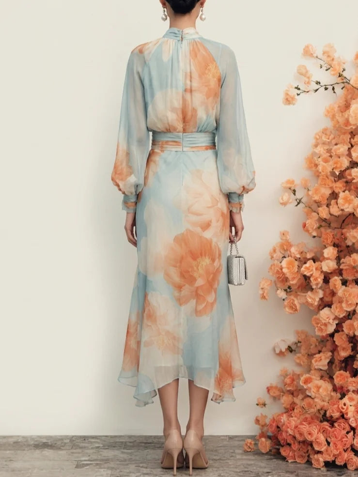 Emilia | Two-Piece Set: High-Neck Top with Long Sleeves and Romantic Floral Skirt