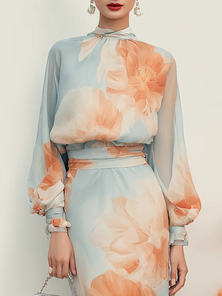 Emilia | Two-Piece Set: High-Neck Top with Long Sleeves and Romantic Floral Skirt