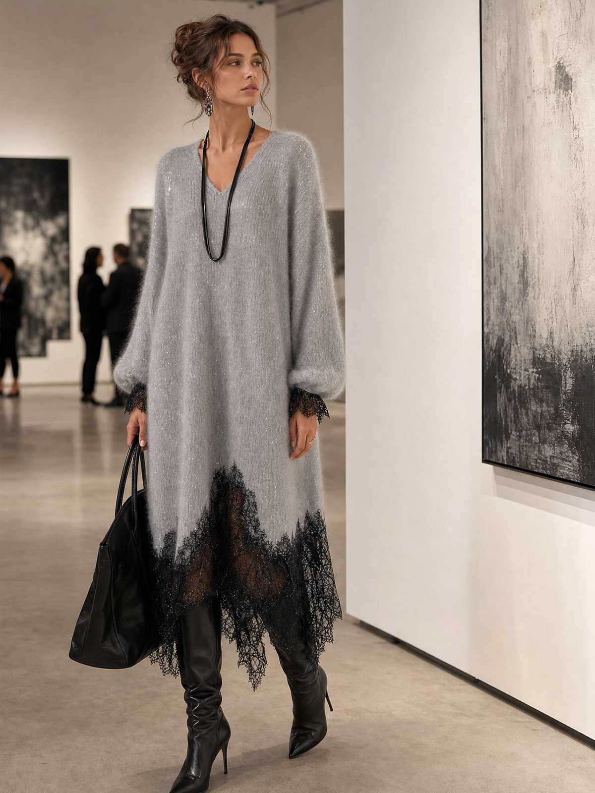 Grazia | Grey Midi Knit Dress with Lace Hem