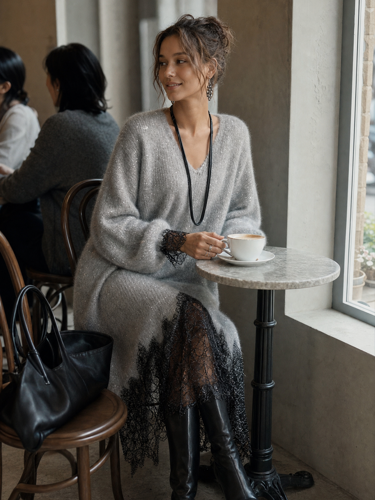 Grazia | Grey Midi Knit Dress with Lace Hem