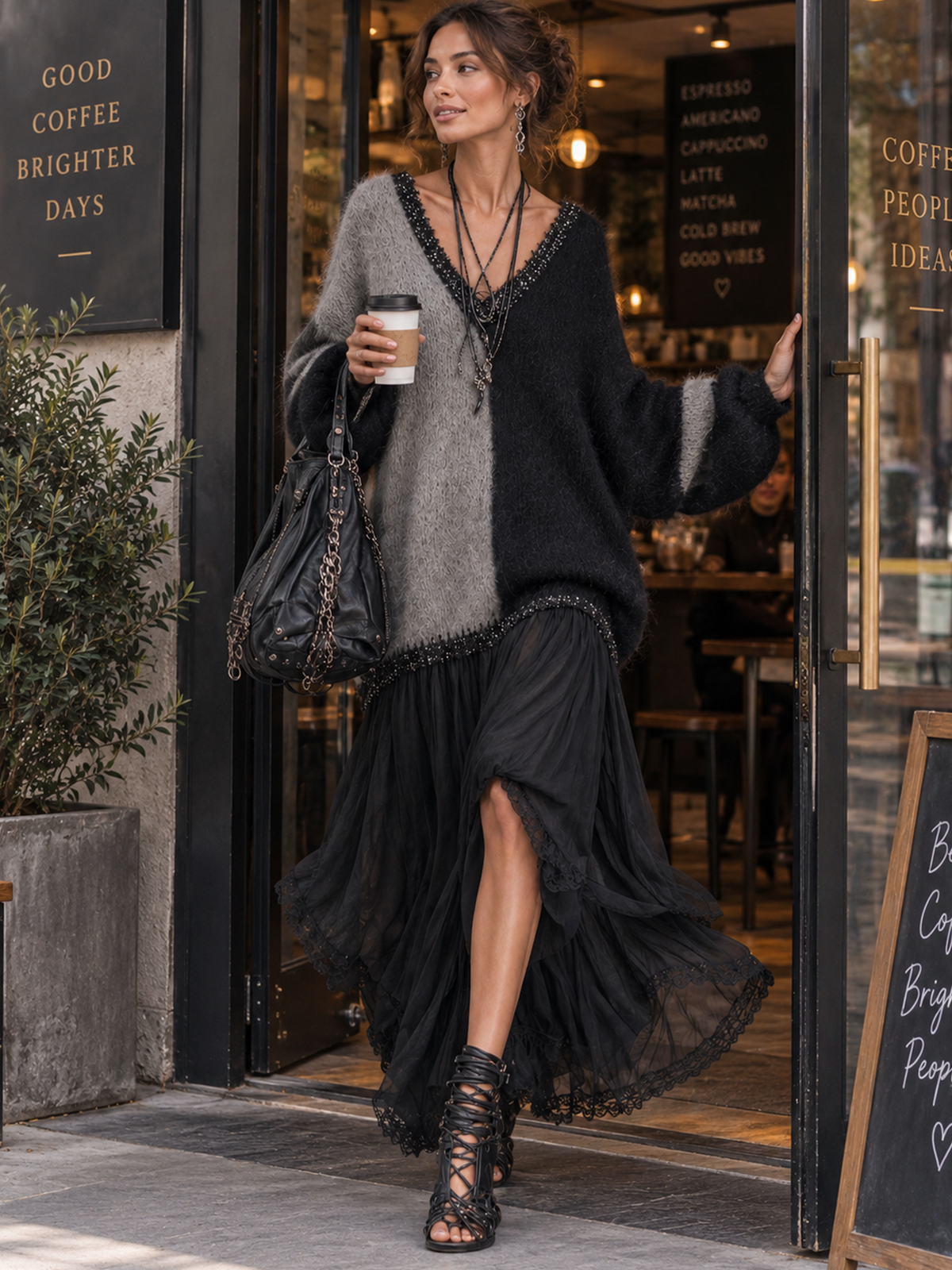 Black And Grey Chiffon Patchwork Oversized Knit Maxi Dress