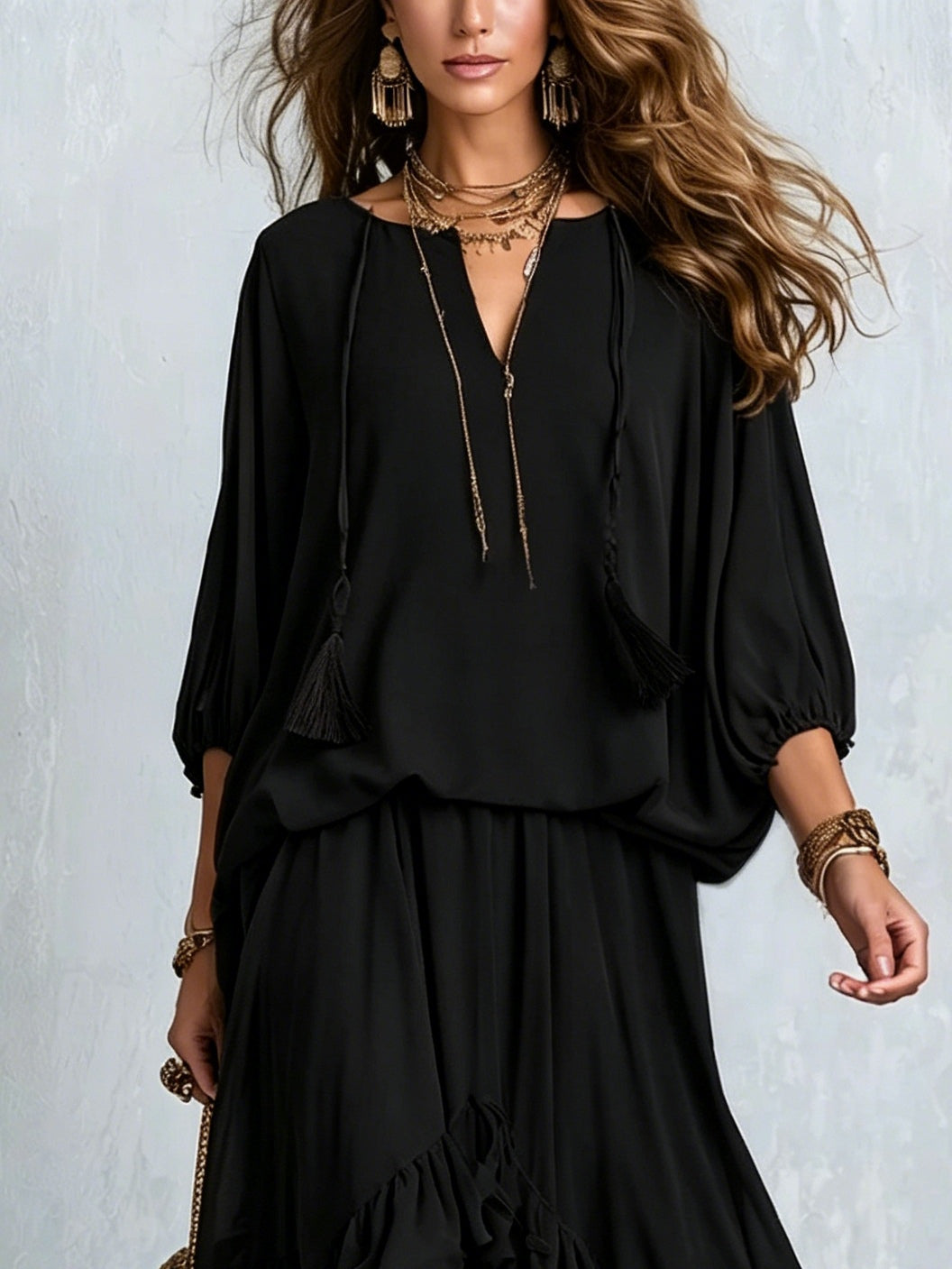 Annalisa | Chiffon Top and Ruffled Skirt Set, Black