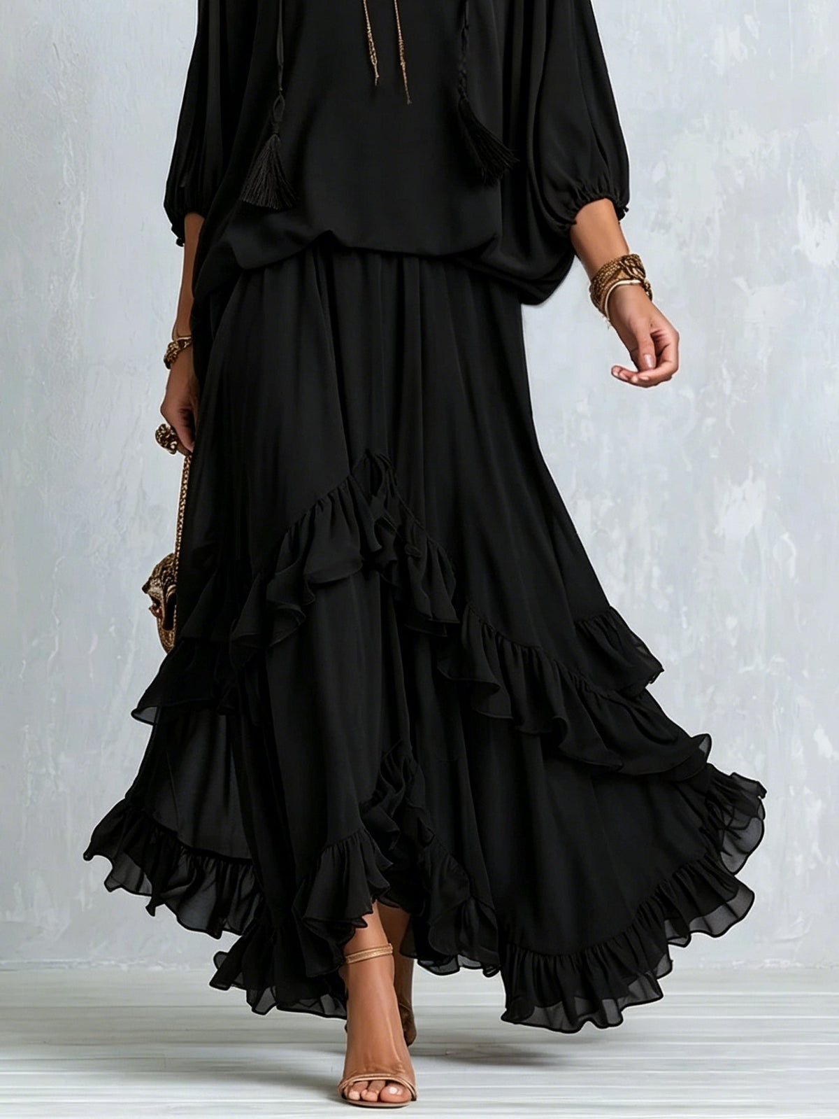 Annalisa | Chiffon Top and Ruffled Skirt Set, Black