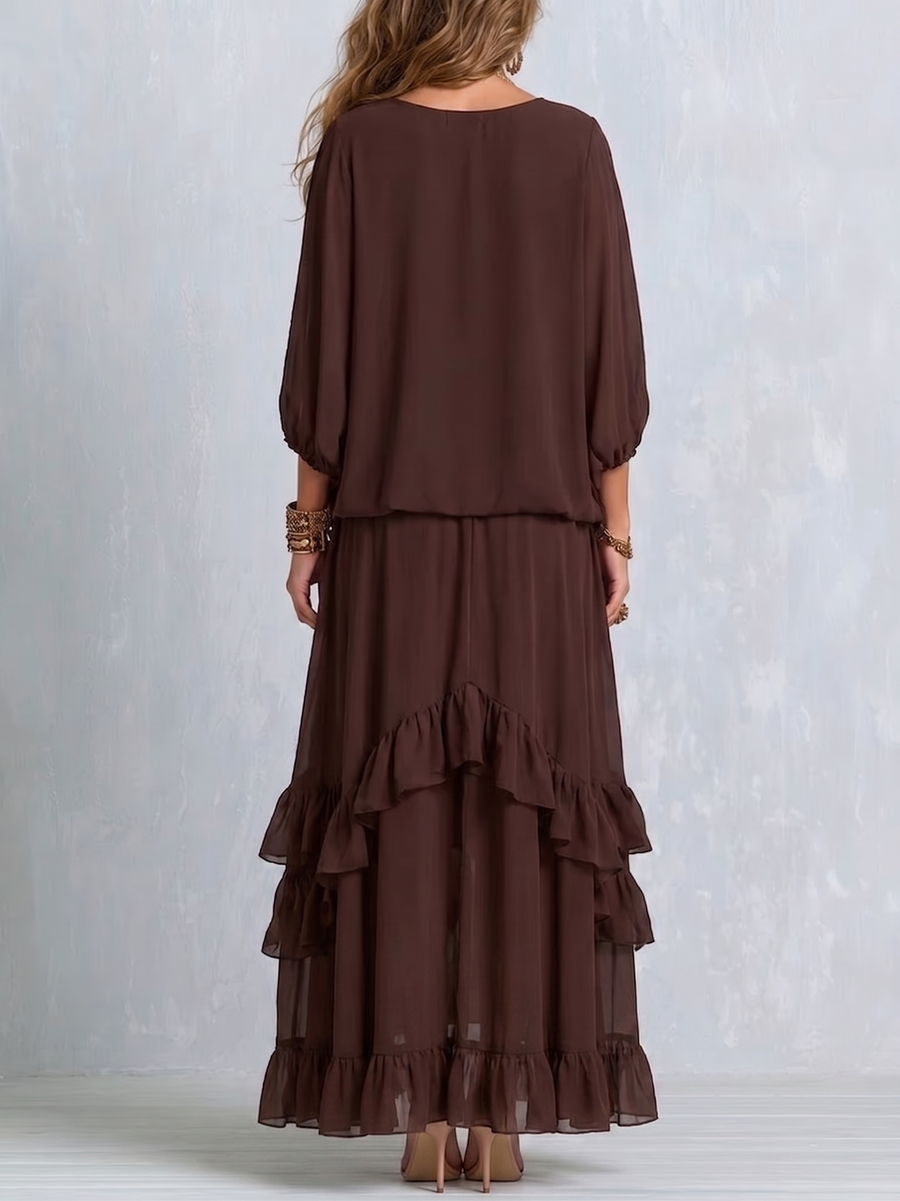 Dalila | Chiffon Top and Tiered Skirt Set, Chocolate