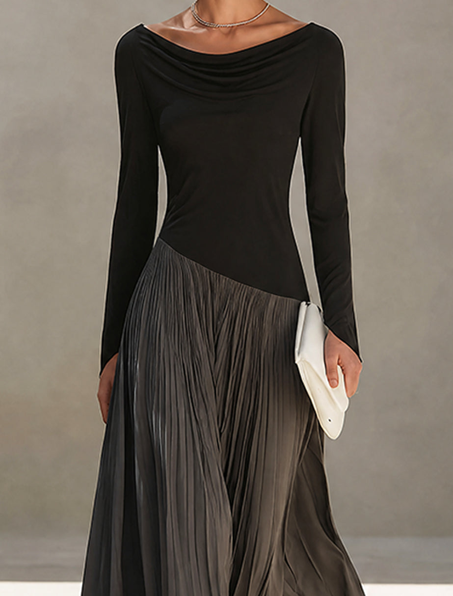 Virginia | Maxi Plissé Dress with Draped Neckline, Black and Grey