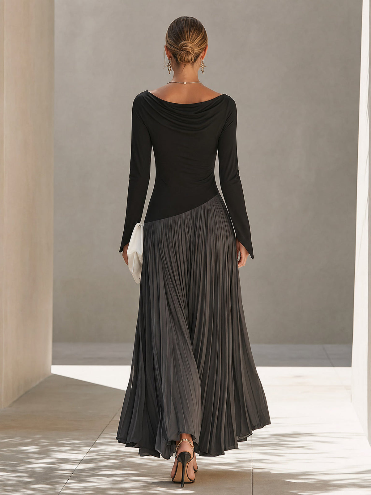 Virginia | Maxi Plissé Dress with Draped Neckline, Black and Grey
