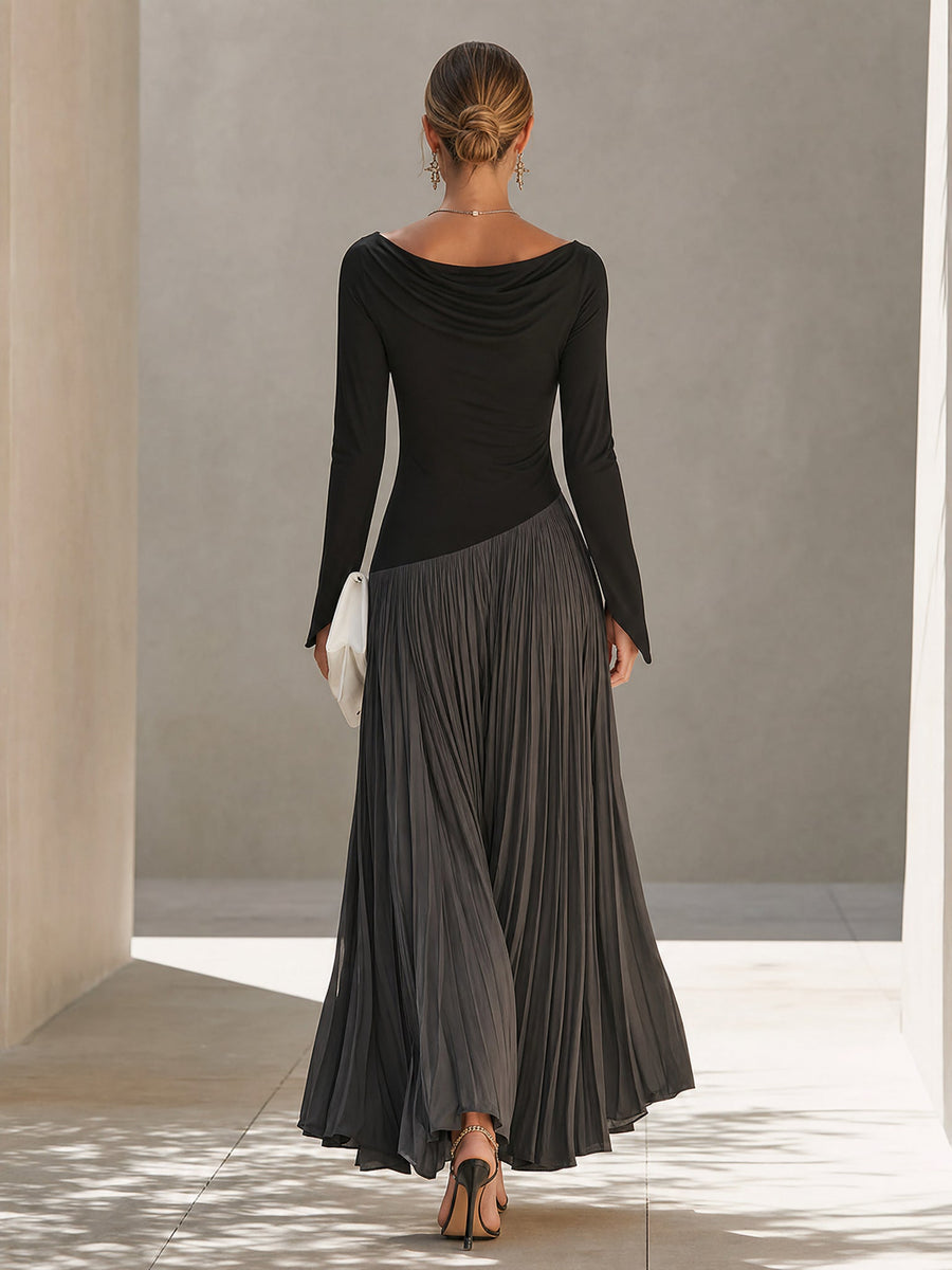 Virginia | Maxi Plissé Dress with Draped Neckline, Black and Grey