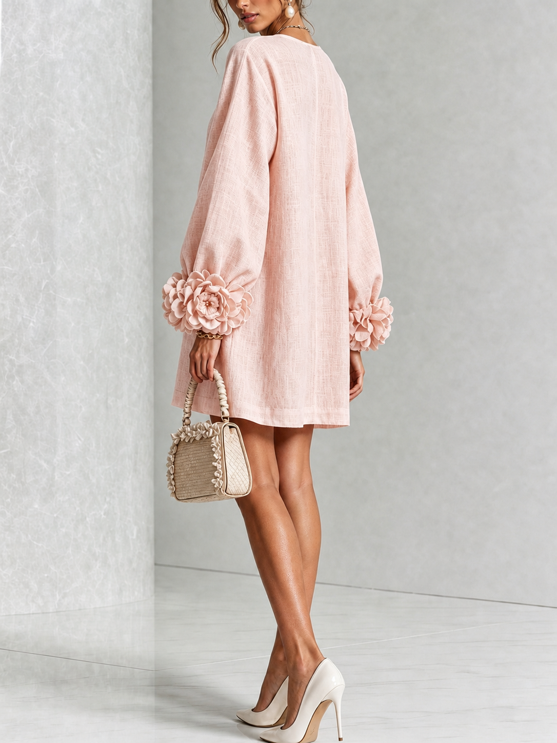 Pink Long Sleeve Floral Button-down Mini Dress With Striking Floral Cuffs(Long Sleeve Edition))