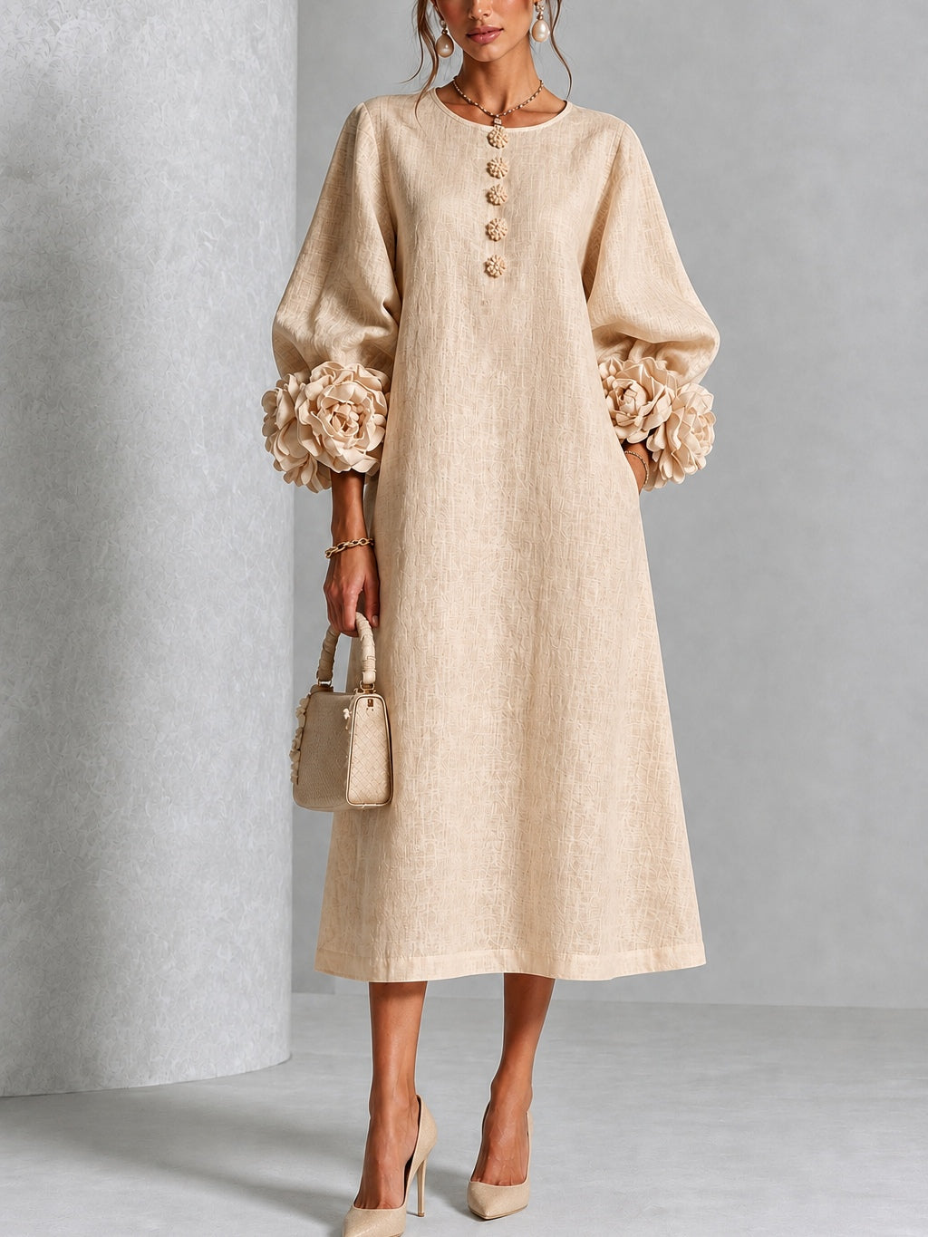 Beige Floral Button-down Midi Dress With Striking Floral Cuffs