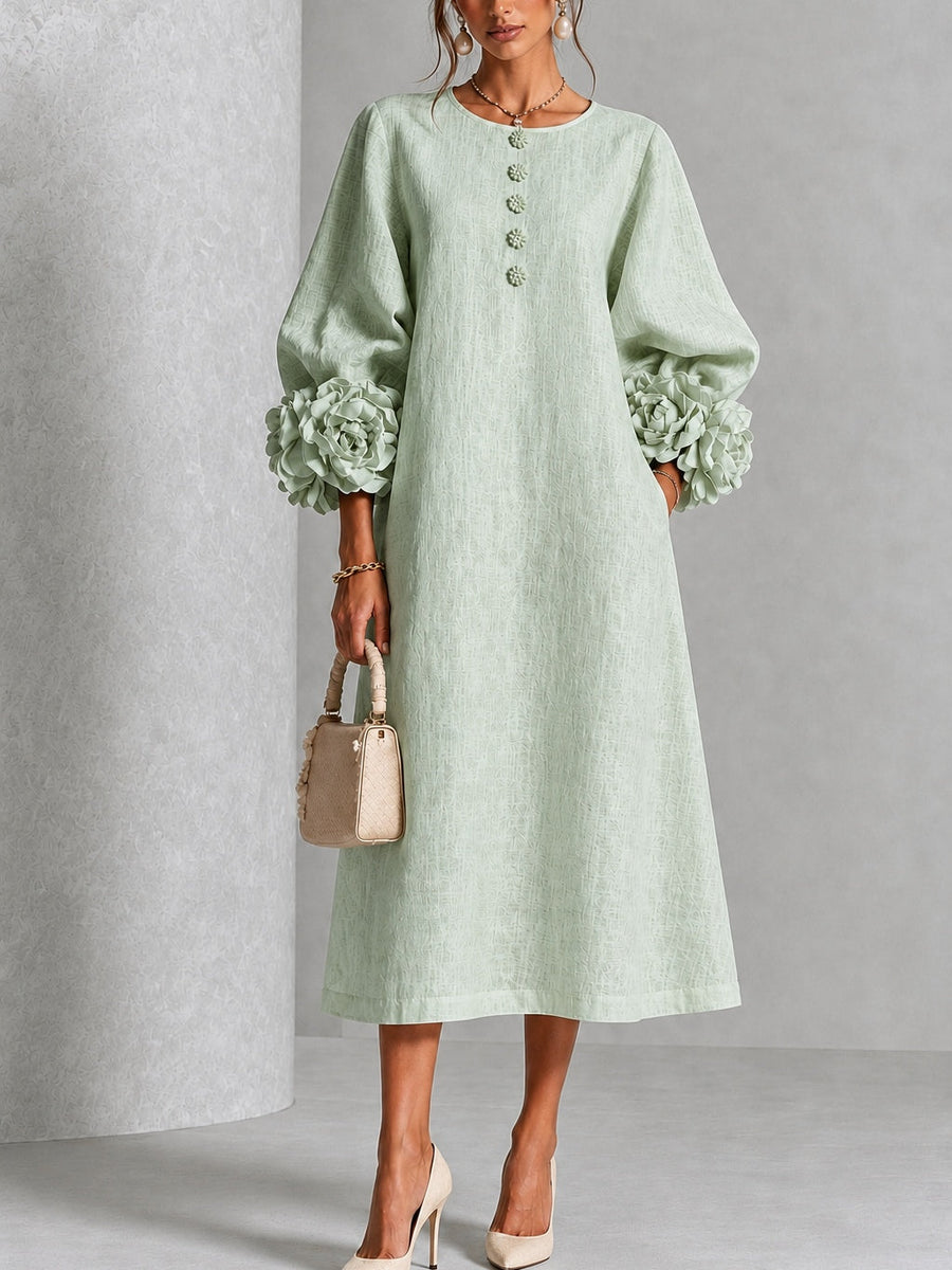 Sage Mist Floral Button-down Midi Dress With Striking Floral Cuffs