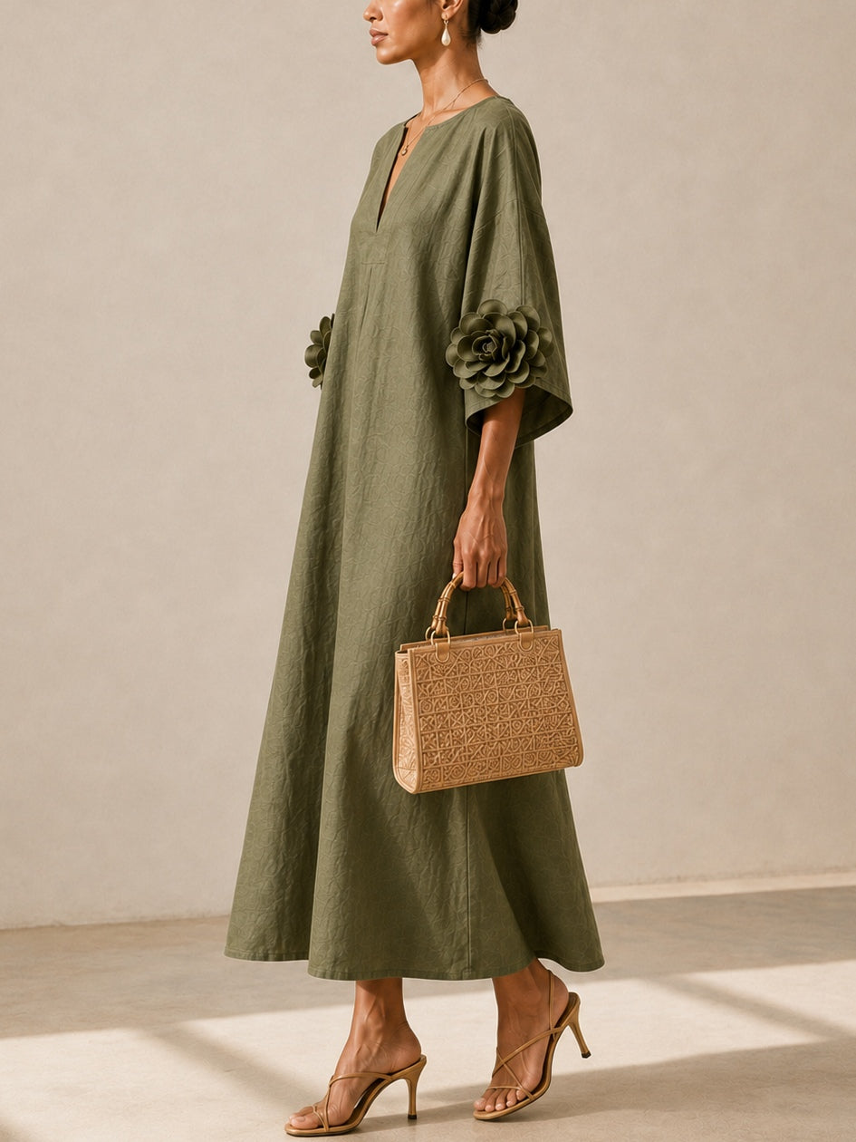 Floriana | Midi Dress with Fabric Flowers on the Sleeves, Olive Green