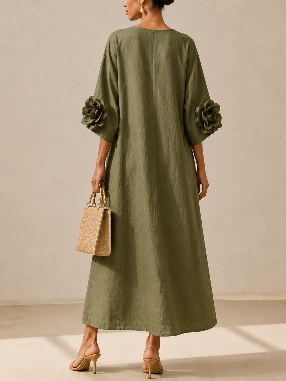Floriana | Midi Dress with Fabric Flowers on the Sleeves, Olive Green