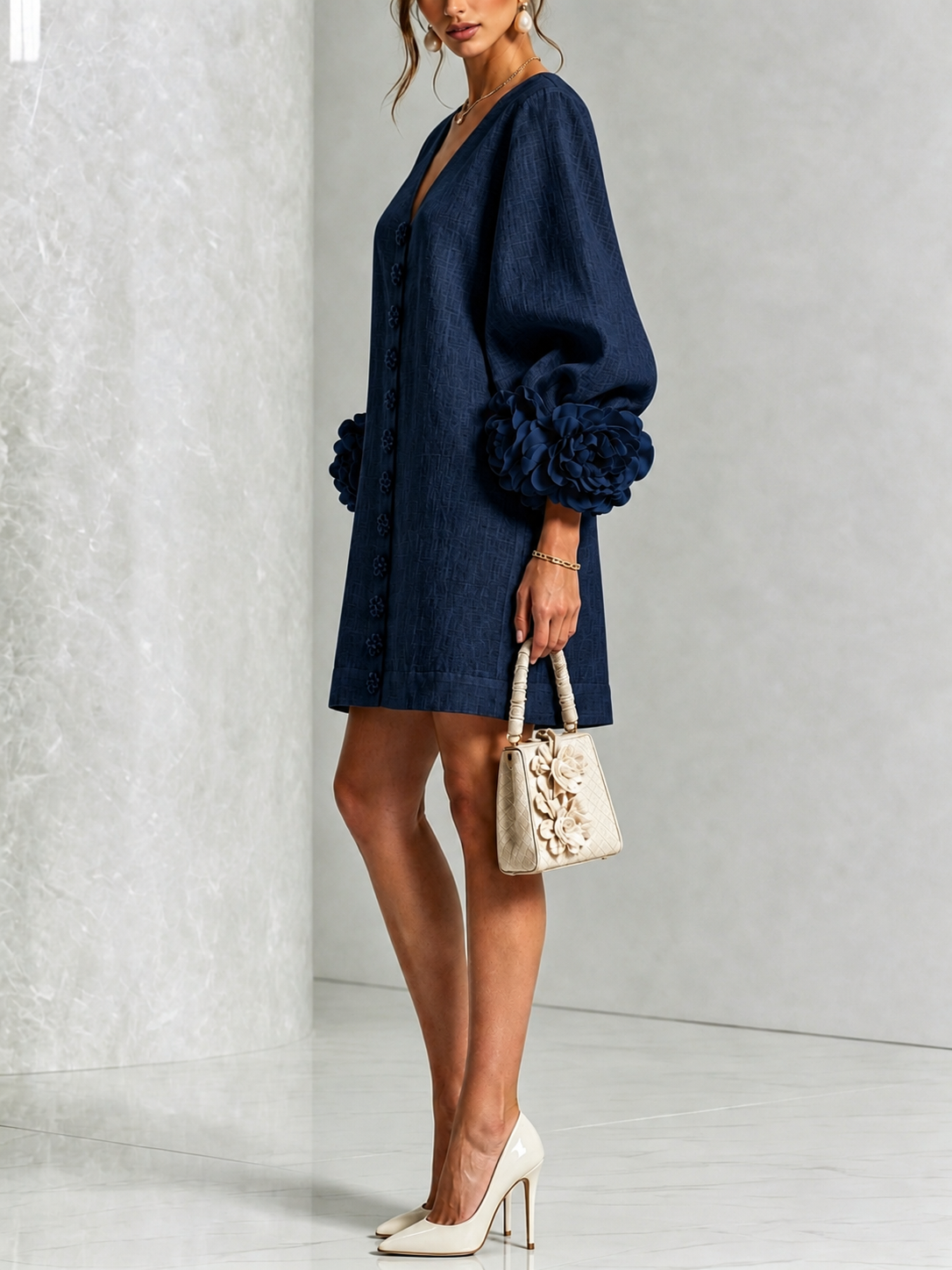 Navy V-neck Floral Button-down Mini Dress With Striking Floral Cuffs