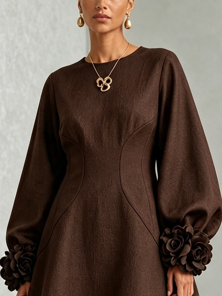 Chocolate Brown Belted A-line Mini Dress Featuring Striking Floral Cuffs
