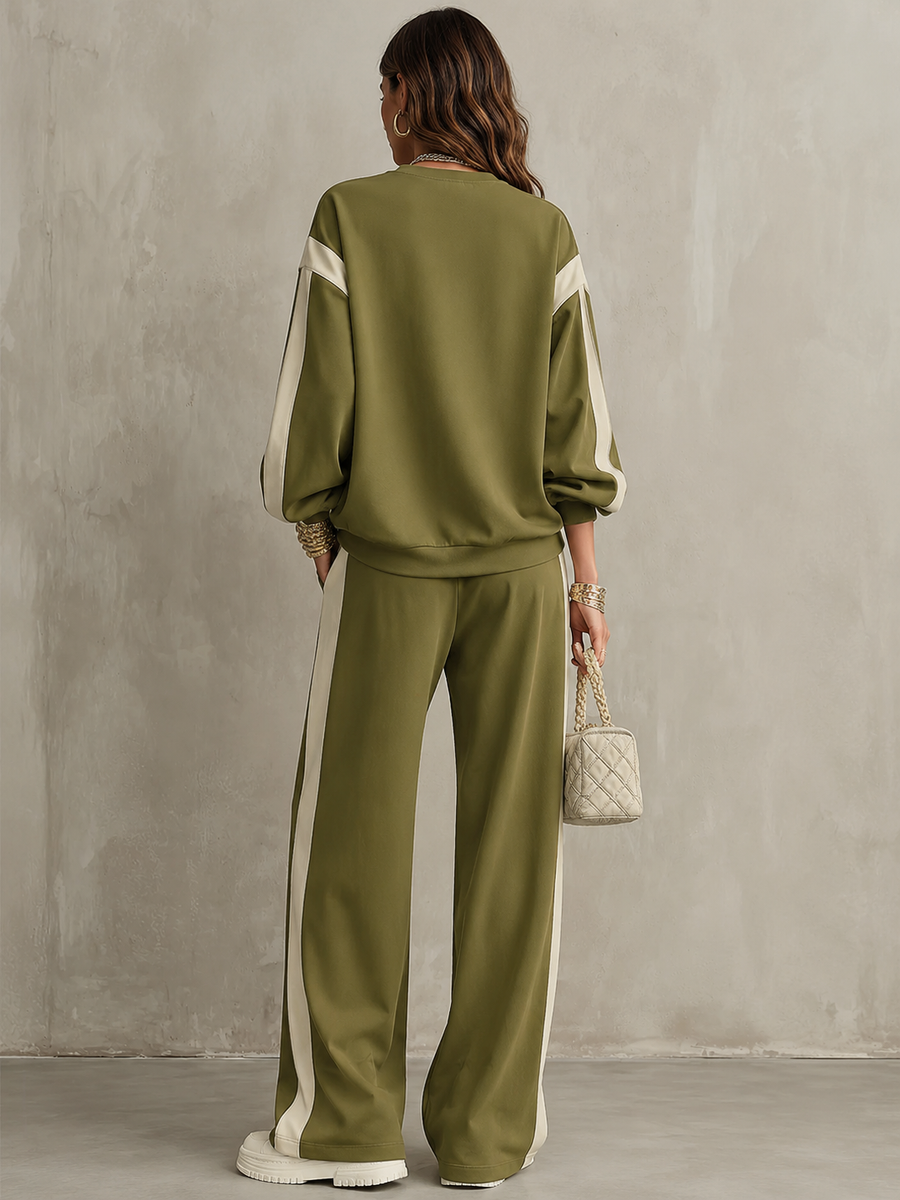 Romina | Complete Sweatshirt and Trouser Set with Side Stripe, Olive Green