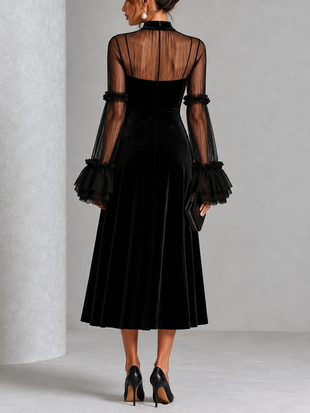 Berenice | Midi Velvet Dress with Tulle Sleeves, Black