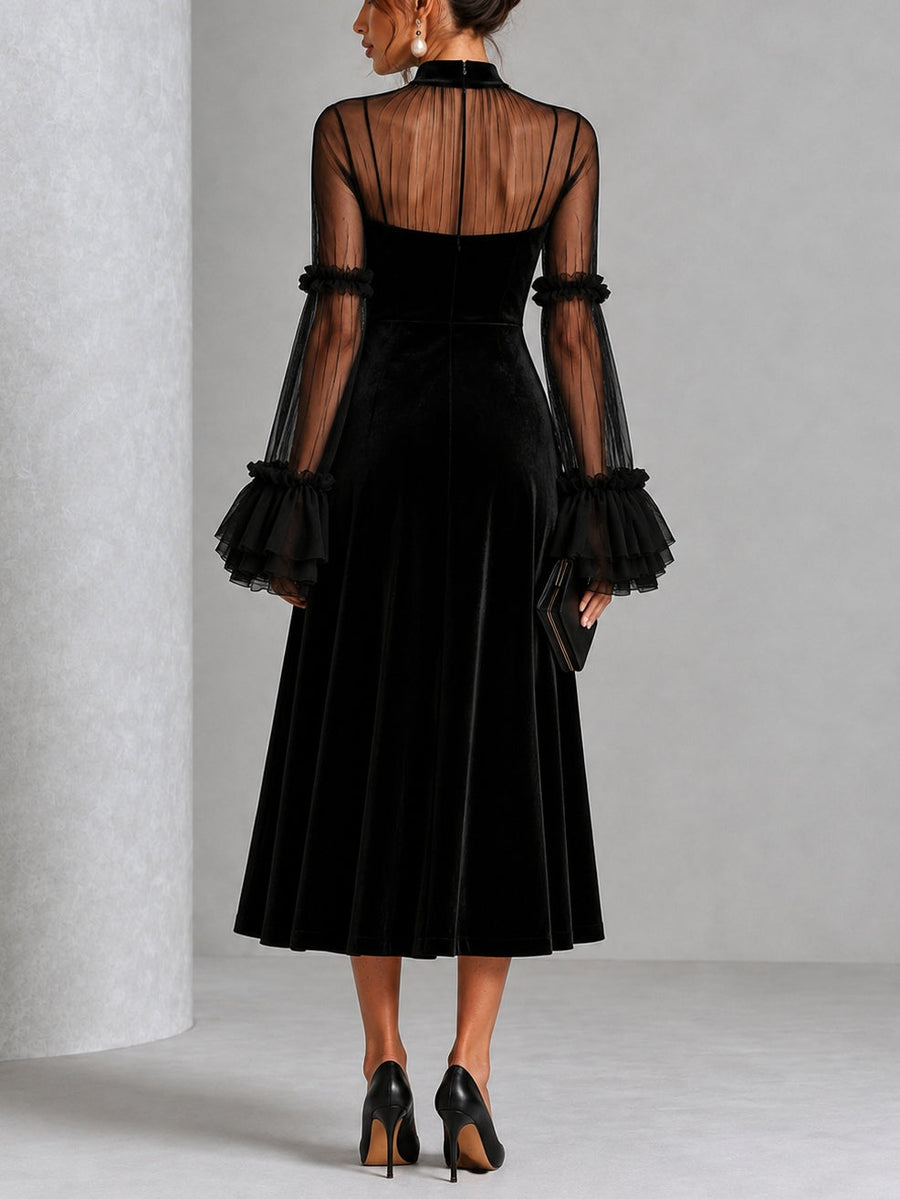 Berenice | Midi Velvet Dress with Tulle Sleeves, Black