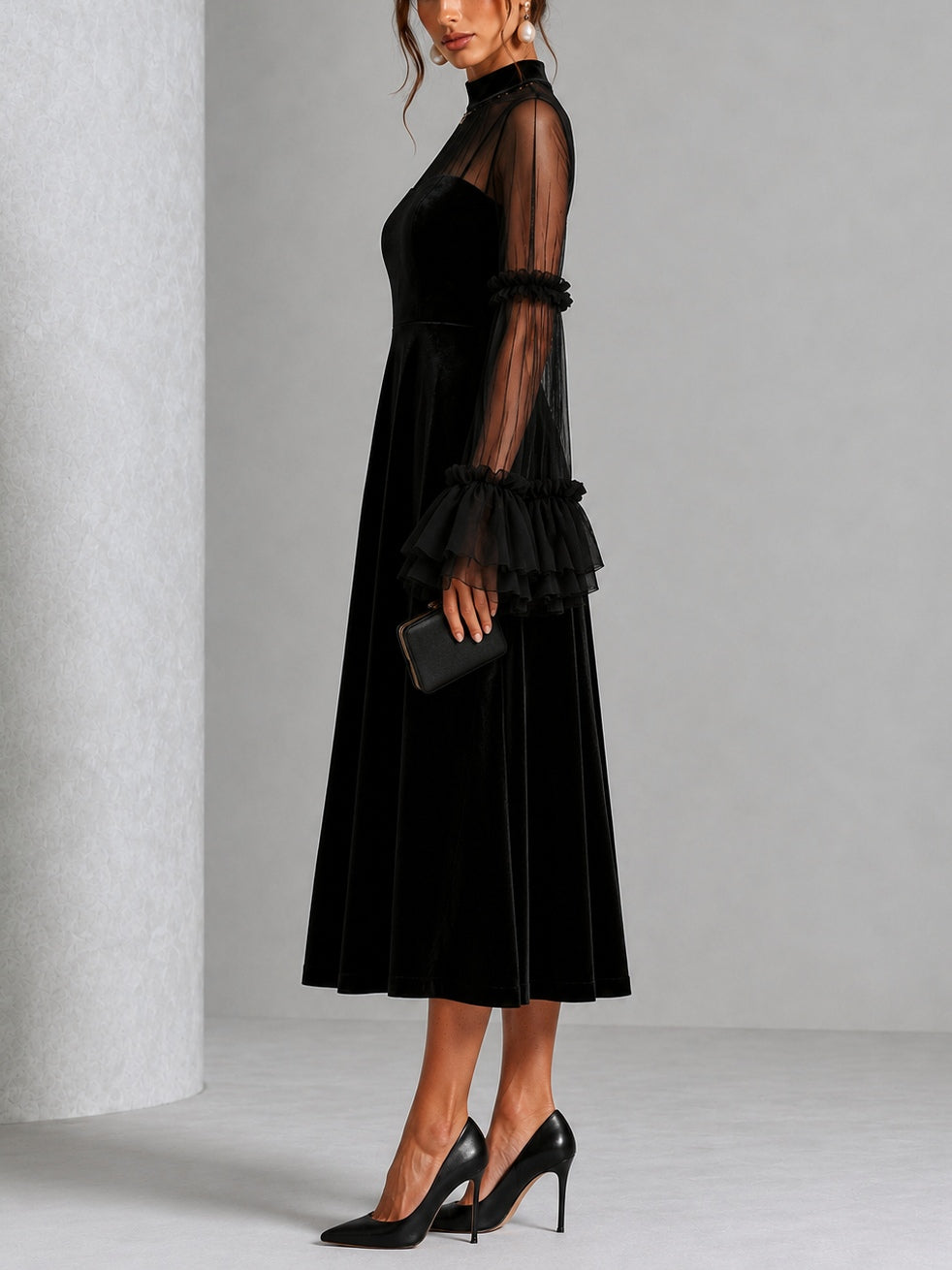 Berenice | Midi Velvet Dress with Tulle Sleeves, Black