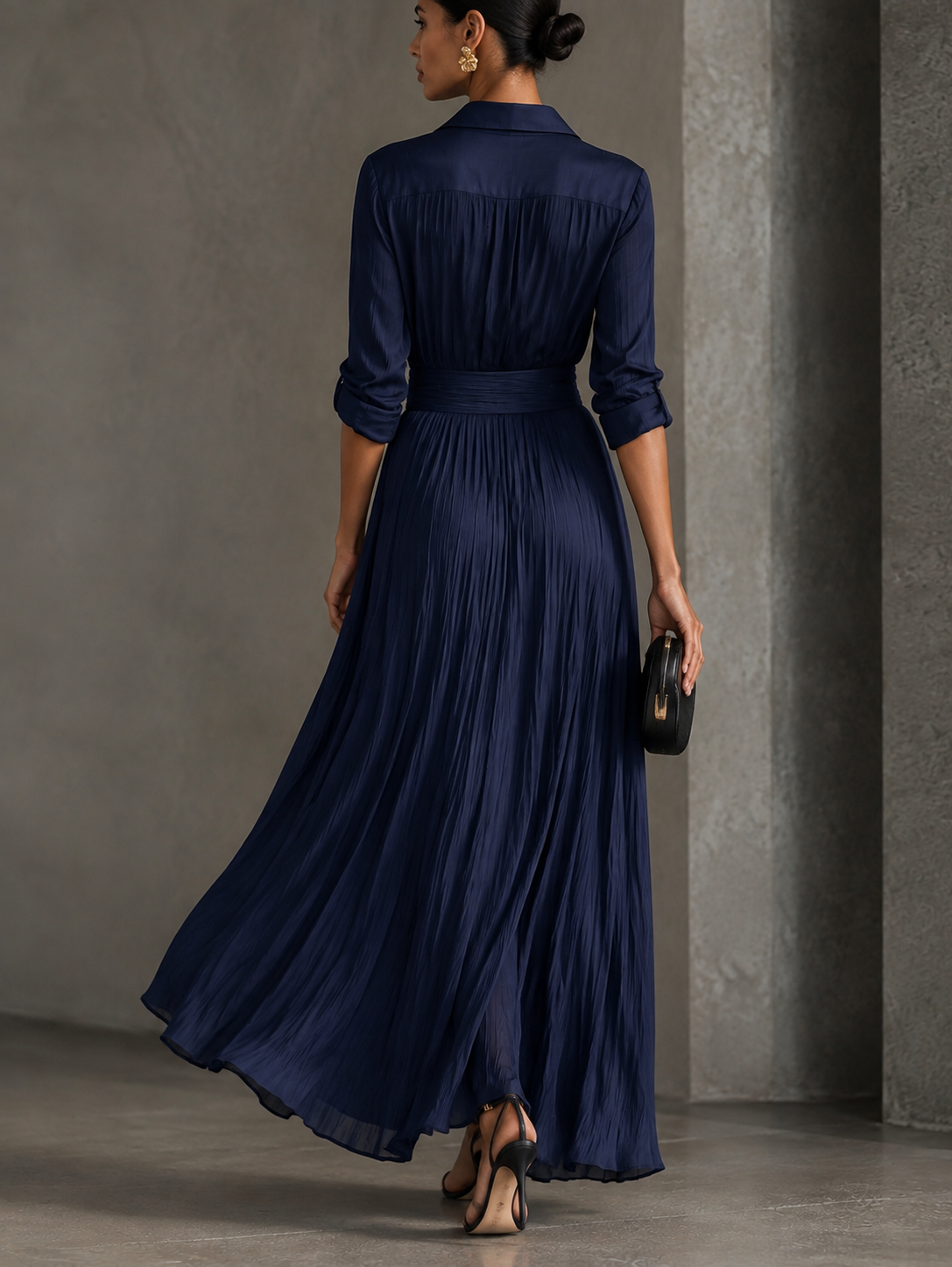 Allegra | Maxi Shirt Dress with Waist Knot, Navy Blue