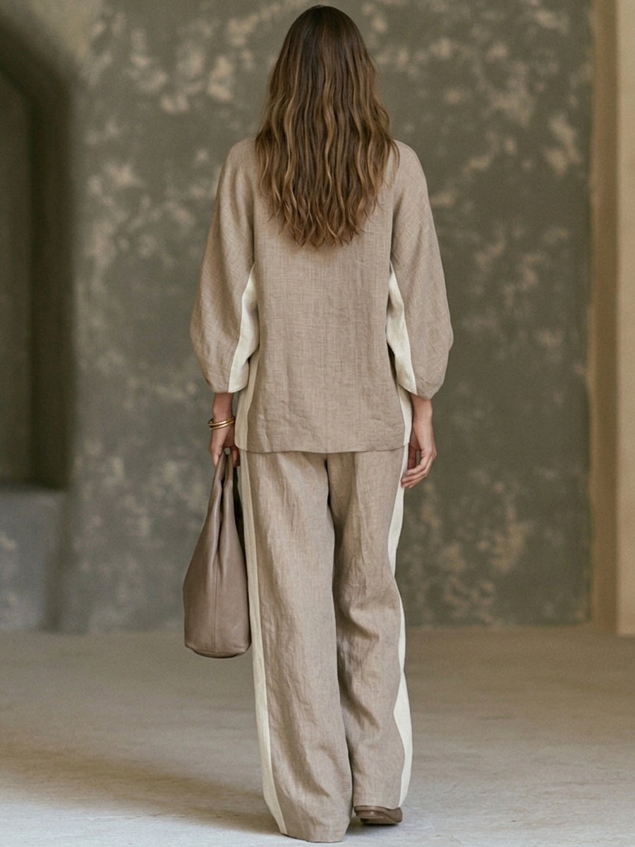 FELIA | KHAKI COLOUR-BLOCK WIDE-LEG TWO-PIECE SET