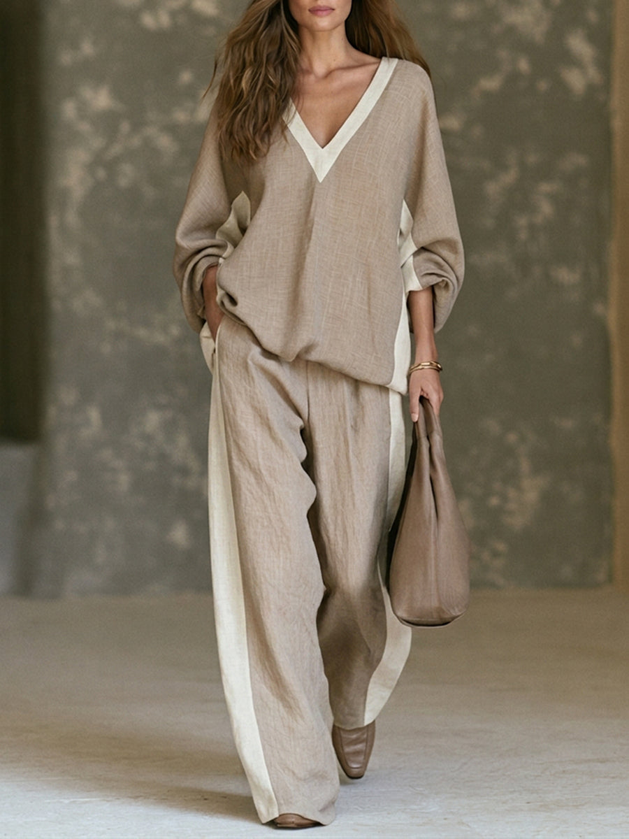 FELIA | KHAKI COLOUR-BLOCK WIDE-LEG TWO-PIECE SET