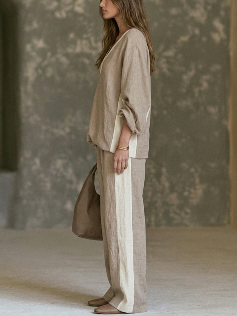 FELIA | KHAKI COLOUR-BLOCK WIDE-LEG TWO-PIECE SET