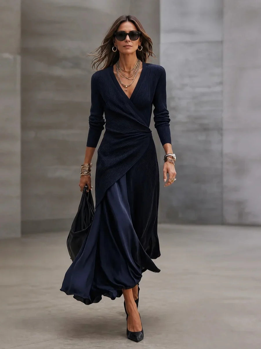 ADRIANA | NAVY RIBBED WRAP MAXI DRESS SET