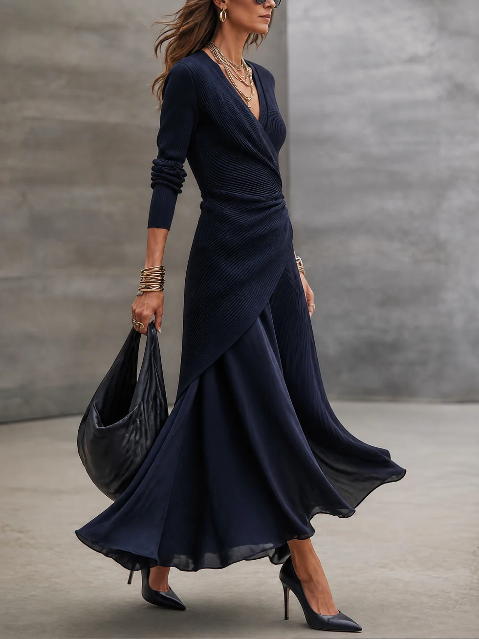 Tamara | Maxi Wrap Dress with Satin Skirt, Navy Blue