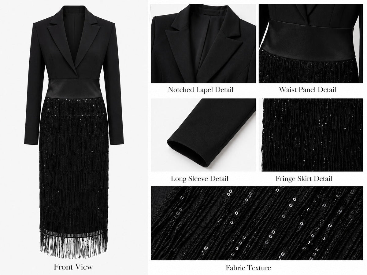 Loredana | Midi dress with blazer-style bodice, sequins, and fringes in black
