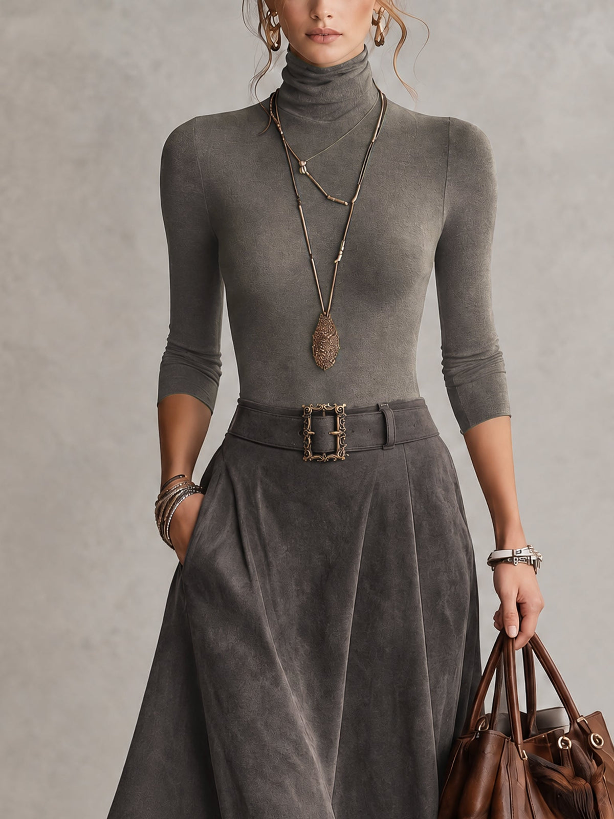Francesca | Grey High Neck Top and Asymmetrical Midi Skirt in Synthetic Suede (with Belt)