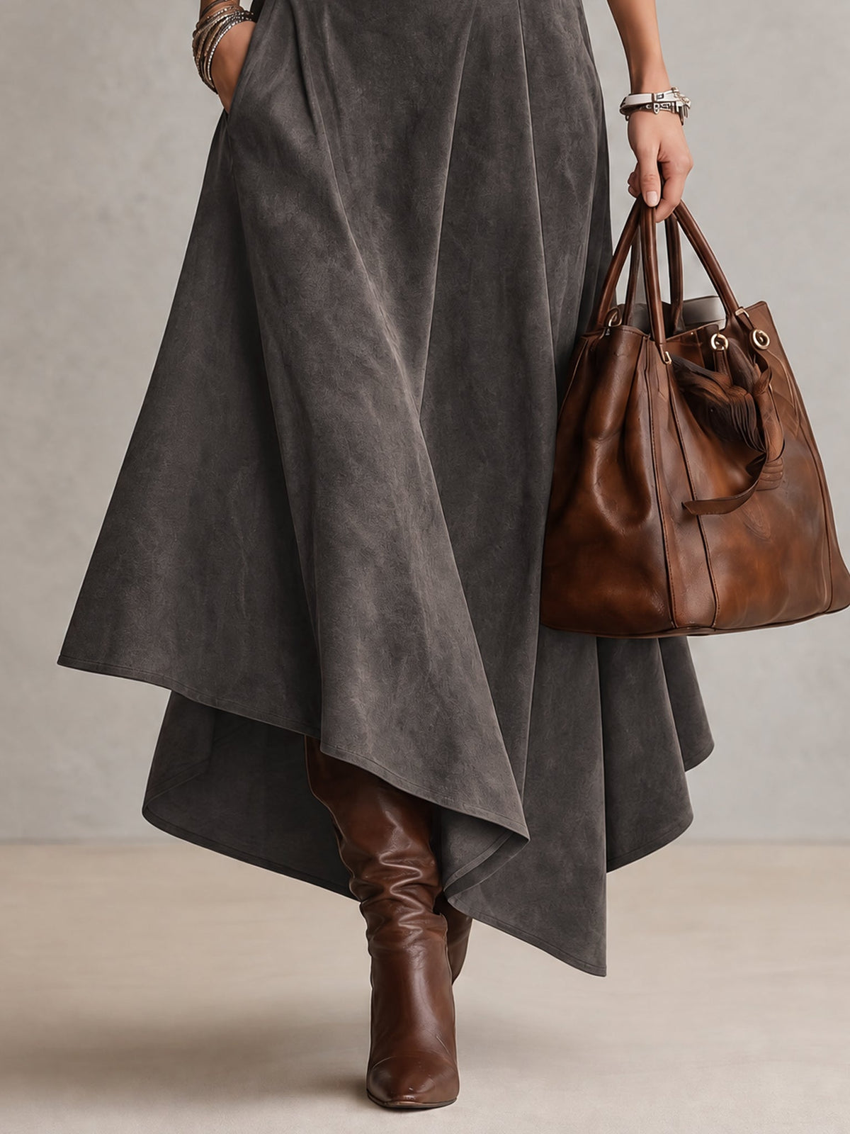 Francesca | Grey High Neck Top and Asymmetrical Midi Skirt in Synthetic Suede (with Belt)