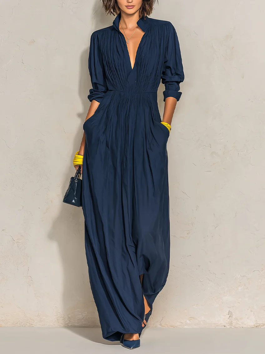 Daniela | Navy Blue Pleated Maxi Dress with V-Neck