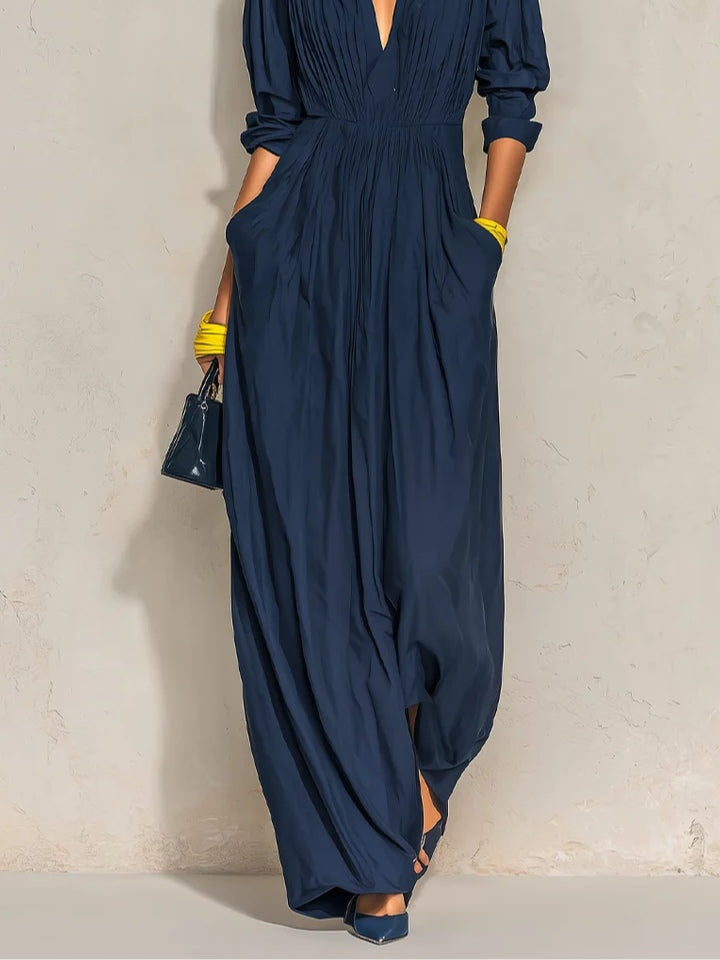 Daniela | Navy Blue Pleated Maxi Dress with V-Neck