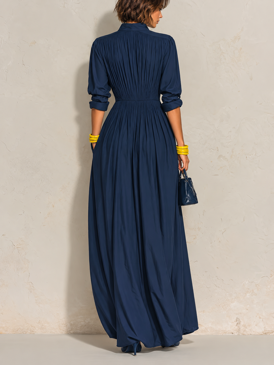 Daniela | Navy Blue Pleated Maxi Dress with V-Neck