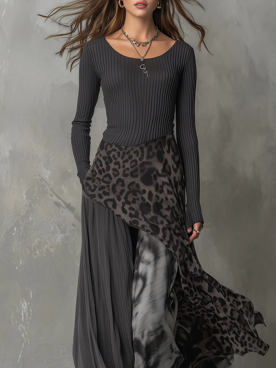 Grey Pit Stripe Leopard Print Splicing Asymmetrical Hem Maxi Dress