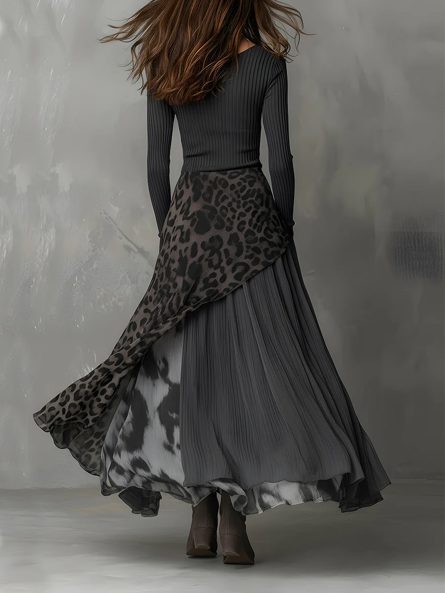 Grey Pit Stripe Leopard Print Splicing Asymmetrical Hem Maxi Dress