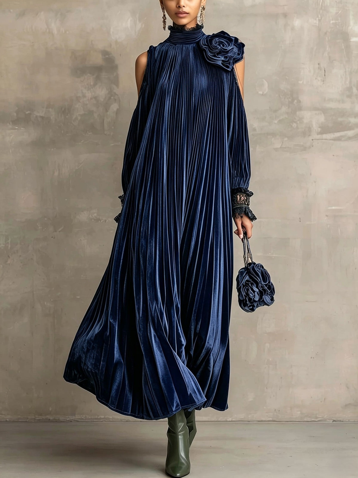 Rosa | Long pleated olive green dress with floral shoulder detail