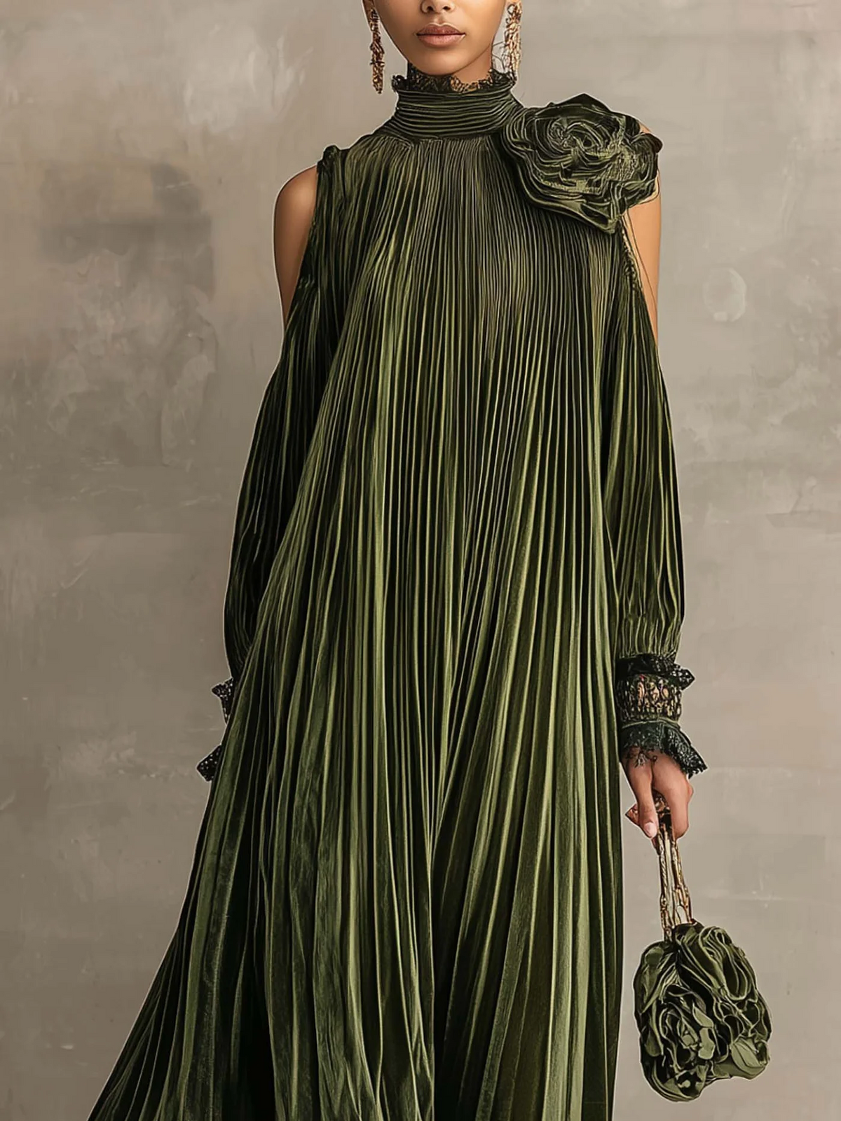 Rosa | Long pleated olive green dress with floral shoulder detail