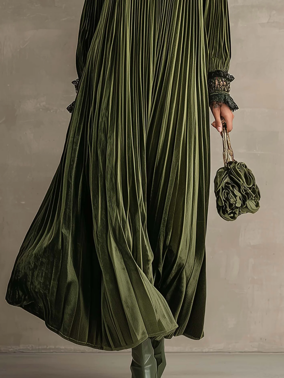 Rosa | Long pleated olive green dress with floral shoulder detail