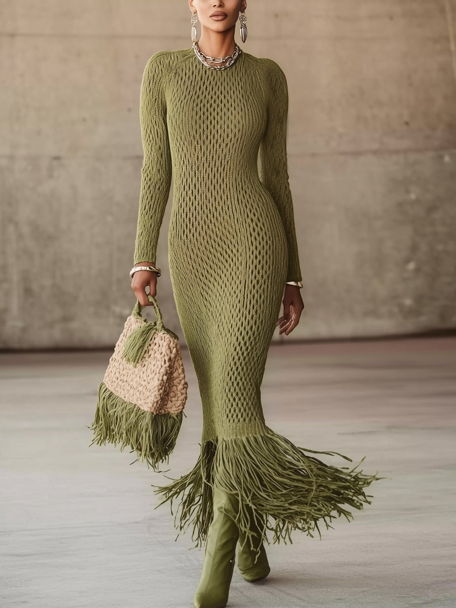 Olive Green Knit Fringe Hem Bodycon Maxi Dress