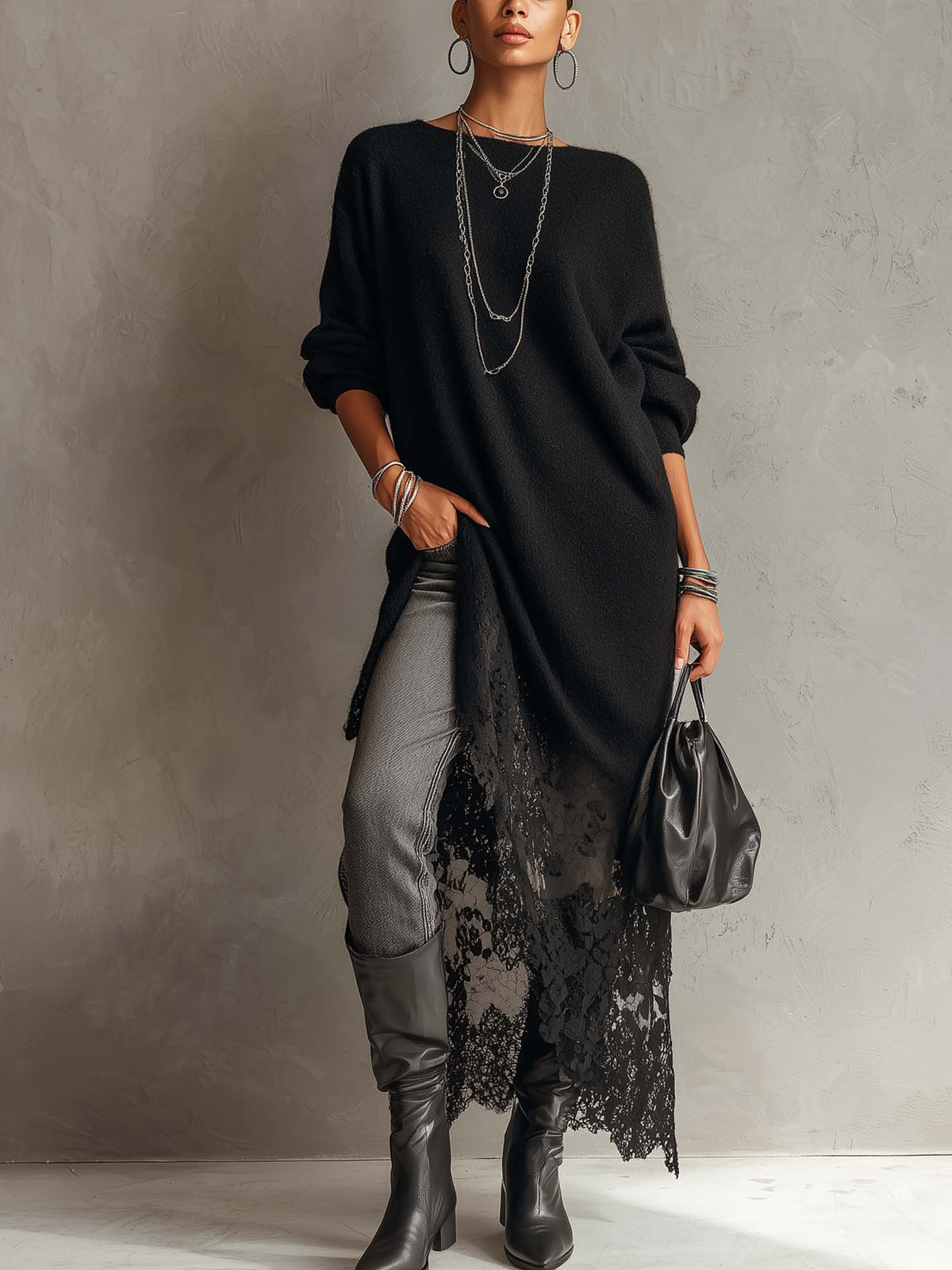 Black Loose Fit Mohair Knit Midi Dress With Lace Hem