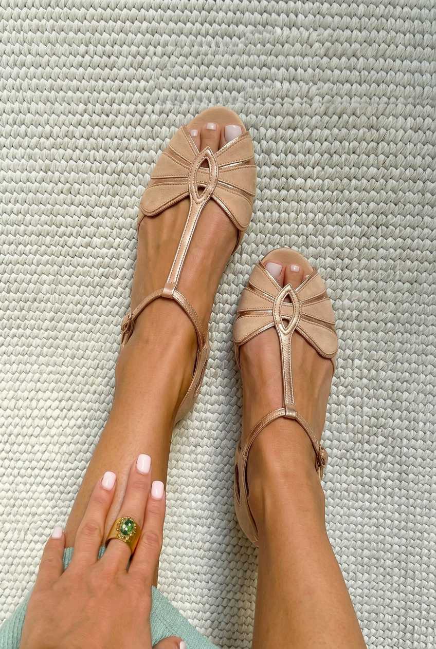 Sandali peep toe rétro con cinturino a T